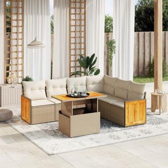 vidaXL Vidaxl - Set Sof&aacute;s De Jard&iacute;n 7 Piezas Y Cojines Rat&aacute;n Sint&eacute;tico Beige