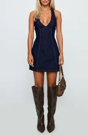 Princess Polly Say Goodnight Denim Halter Minidress in Mid Wash at Nordstrom, Size 10