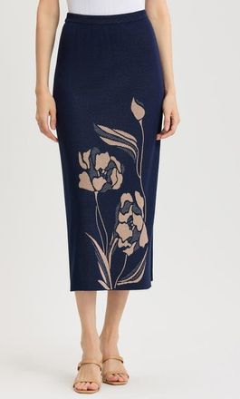 Ming Wang Straight Floral Jacquard Soft Knit Maxi Skirt in Indigo/ivory/warm Taupe at Nordstrom, Size X-Small
