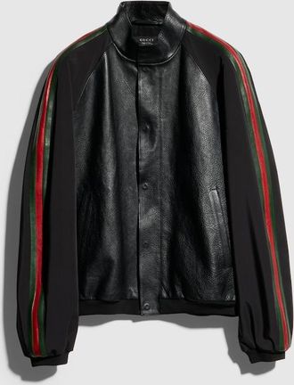 Gucci Leather Bomber Jacket With Web, Size 46 IT, Black