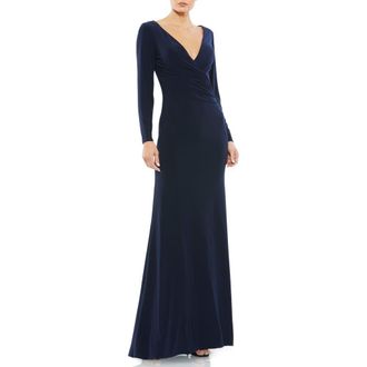 Mac Duggal Long Sleeve Ruched Jersey V-Neck Gown in Midnight at Nordstrom, Size 10
