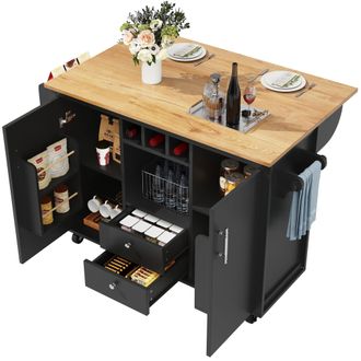 STILVORA Carro De Cocina Con 2 Cajones, 2 Puertas, Estantes, Toallero Y Tablero Plegable, En Mdf, 137,9x45x92 Cm, Negro