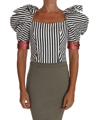 Dolce & Gabbana Womens Striped Puff-Sleeve Cropped Blouse White Cotton Nylon Polyester