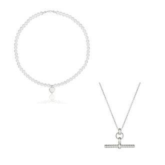 Lily & Roo Silver Twisted T-Bar and Large Pearl Personalised Heart Necklace Gift Set