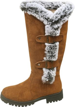 Generic Fleece Lined Knee High Boots Women Low Chunky Heel Round Toe Faux Suede Leather Booties Pull On Snow Booties With Buckle Comfort Fashion Walking Shoes
