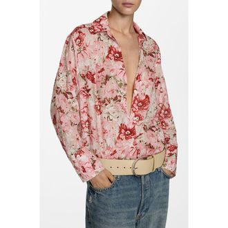 Mango Floral Cotton Button-Up Shirt in Light Pink at Nordstrom, Size 6