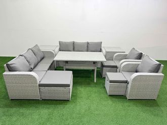 Fimous PE Rattan High Back Lounge Sofa Set Patio Rectangular Dining Table & Chairs Set w/ 3 Seater Sofa Reclining Chair 3 Stools 2 Side Table Light