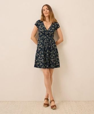 Pact Organic Cotton Fit & Flare Crossover Dress in Painted Petals Midnight Blue at Nordstrom, Size X-Small