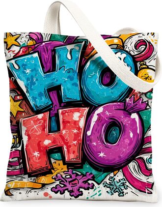 Generic Holiday Fun Canvas Tote Bags, Colorful Ho Ho Design Reusable Grocery Bags, Winter Festive Lightweight Washable Shoulder Str, Multicolor, 13x15 Inch