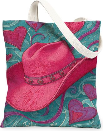 Generic Bohemian Peach Hat Canvas Tote Bag, Vintage Heart Pattern Reusable Grocery Bags, Lightweight Washable Shoulder Strap Canvas, Peach, 13x15 Inch