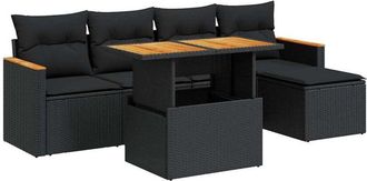 vidaXL 6 Piece Garden Sofa Set with Cushions Black Poly Rattan Acacia Vidaxl