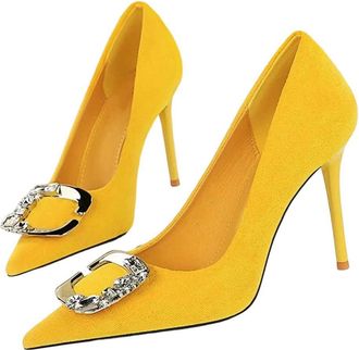 Generic Women High Heel Pumps Pointed Toe Metal Buckle Elegant Wedding Party Dress Shoes Yellow