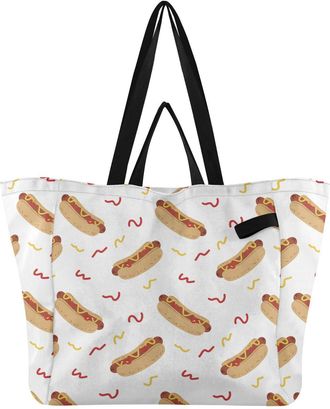 Generic Hot Dog White pattern Reusable Canvas Tote Bag, Heavy Duty Grocery Shopping Bag with Double Handles Hard Bottom Large Capacity Work Groceries Travel