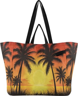 Generic Coconut Palm Sunset Orange pattern Reusable Canvas Tote Bag, Heavy Duty Grocery Shopping Bag with Hard Bottom Large Capacity Double Handles Work Groce