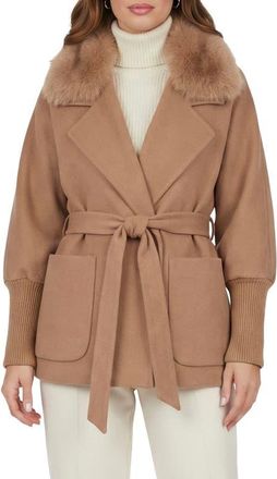 Gorski Fabric Jacket With Detachable Genuine Shearling Collar, Belt in Camel at Nordstrom, Size X-Large