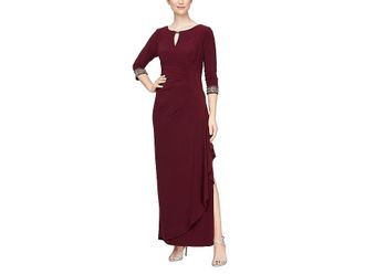 Alex Evenings Long A-Line Dress with Embellished Sleeves and Neckline Womens Dress Fig : 12