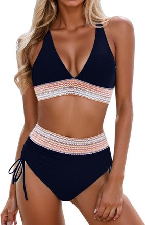 Generic Bikini Set for Women UK High Waisted Bikini Set - Swimwear for Women Two Piece Swimsuit Deep V Neck Tummy Control Swimwear Bikinis Top Bottoms Navy