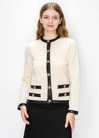 YAL New York Cream Cardigan with Black Trim and Gold Buttons