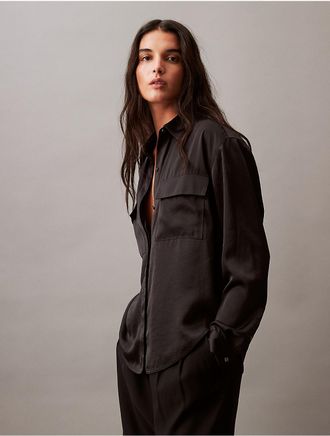 Calvin Klein Womens Crushed Satin Button-Down Shirt - Black - XS