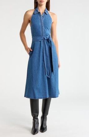 Alice & Olivia Chassidy Chambray Halter Dress in Medium Indigo Chambray at Nordstrom Rack, Size 12