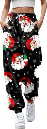 Generic 2025 Trousers WomWomens Christmas Printed High Waist Joggers Tie Waist Pockets Pants with Elastic Cuffs (Black, XXL)