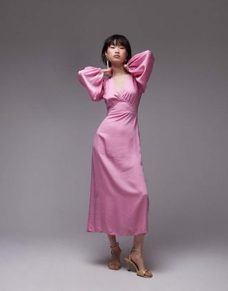 & Other Stories Vestito midi rosa con spacchi laterali e maniche voluminose