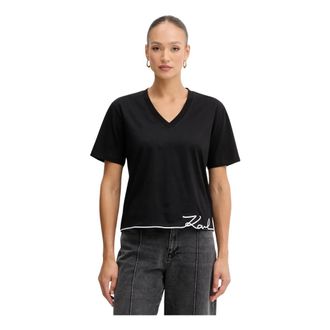 Karl Lagerfeld Tops, Dames, Zwart, S, Katoen, Geborduurd V-hals T-shirt