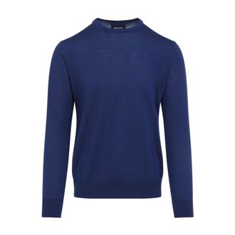Giorgio Armani Round-neck Knitwear, male, Blue, Size: XL Virgin Wool Crew Neck Sweater