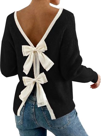 Generic Winter Shirt Women Bow Open Back Ribbed Knit Sweater Long Sleeve Crewneck Sexy Casual Holiday Backless Tie Sweater Tops Cable Knit Split Back Pullover