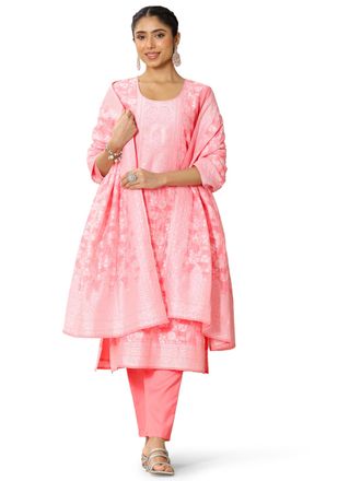 Libas Womens Silk Woven Design Kurta Sets, Pink, XL