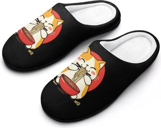 Generic Japanese Cat Eating Noodles Ramen Mens Slippers Memory Foam Winter Warm Sandals Slip On House Shoes Size 7-14