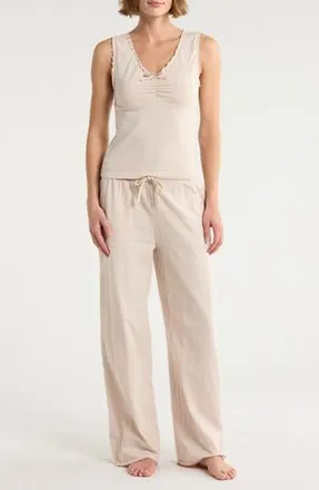 Yogalicious Lettuce Edge Cotton Jersey Long Pajamas in Mist Sand at Nordstrom Rack, Size X-Small