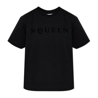 Alexander McQueen Tops, Dames, Zwart, M, Katoen, T-shirt met een logo met fluweelafwerking
