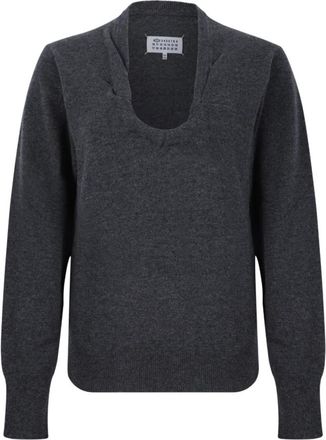Maison Margiela Charcoal Wool Scoop-Neck Sweater - Dames - V-hals truien - Grijs - M - Wol - Truien & Vesten