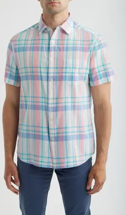 Vineyard Vines Daiquiri Plaid Cotton Short Sleeve Button-Up Shirt in Neon Rosa at Nordstrom, Size Xx-Large
