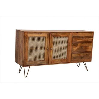 Jaipur Furniture Nyack Large Sideboard - Mango Wood/Iron - L40 x W145 x H80 cm - Light Brown with Natural Rattan - Assembly Required