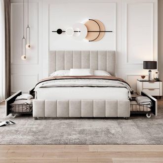 Matteo Beige Velvet Double Bed Frame with Storage Drawers