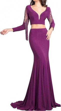 Rachel Allan Long Sleeve Gown In Aubergine