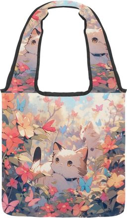 Generic Colorful Cartoon Kitten Reversible Canvas Shoulder Tote - Double-Sided Print, 12oz Cotton, 27cm Drop, Fold-Flat Bag for Travel, Shopping, Street Outin