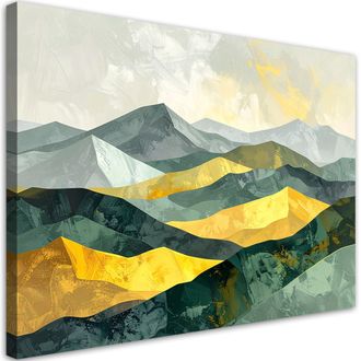 Feeby Cuadro En Lienzo, Paisaje De Monta&ntilde;a En Colores Verde Y Amarillo, 100x70