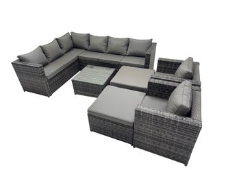 Fimous Patio Furniture Sets with Corner Sofa Coffee Table 2 Big Stool in Dark Grey