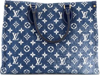 Louis Vuitton Borsa a spalla OnTheGo MM in denim jacquard con monogramma - Blu