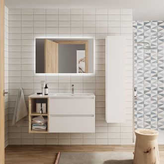 Cygnus Bath Mueble Ba&ntilde;o Bequia 100 Cm Blanco Y Coqueta Izquierda Roble Con Lavabo