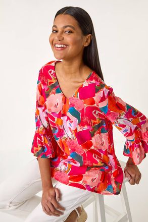 Roman Abstract Print Flare Sleeve Top