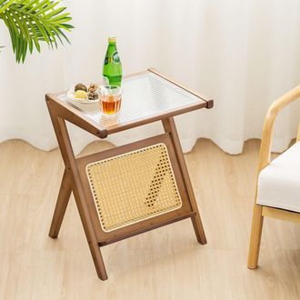 Mr.Boho End Table with Magazine Rack and Tempered Glass Top