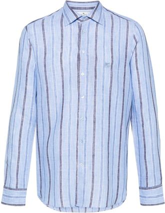 Etro Pegaso-embroidered striped linen shirt - men - Linen/Flax - 42 - Blue