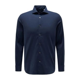 Fedeli Stretch Katoen Voile Overhemd - Heren - Casual Overhemden - Blauw - L - Katoen - Overhemden