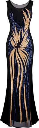Angel Fashions Womens Sheer Navy Gold Sequined Black Splicing Evening Dress Size 26