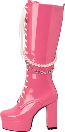 Generic Winter Solid Color Square Toe Platform High Heels Glossy Leather Lace Up Pearl Chain Fashion Women Knee High Boots (4. 5)