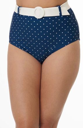 Unique Vintage High Waisted Belted Redondo Swim Bottoms in Navy & White Pin Dot at Nordstrom, Size Medium